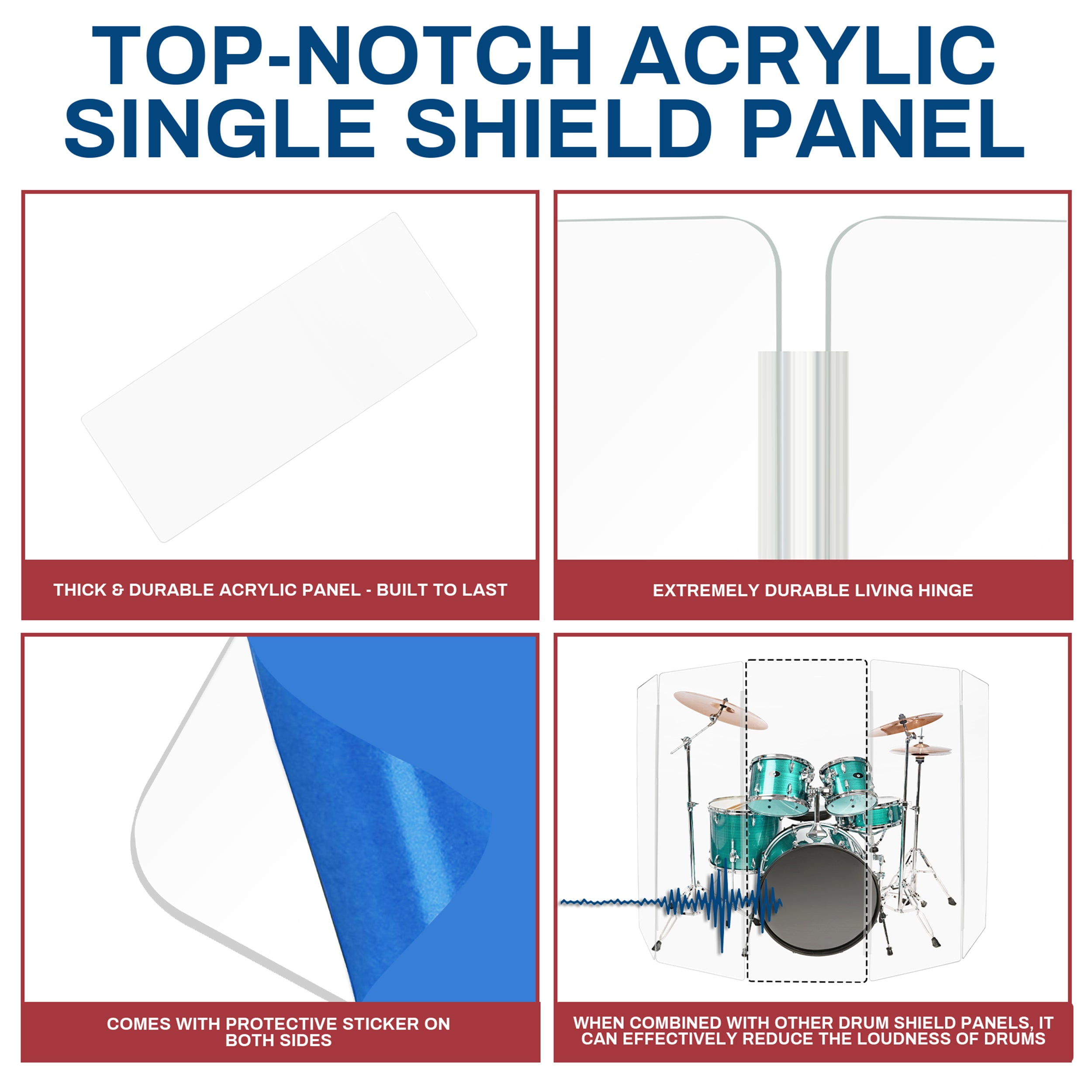 PENNZONI Sinlge Panel Acrylic Drum Shield w/ Plastic Hinges, 4ft Drum Screen