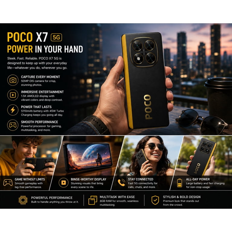 POCO X7 ブラック 8GB RAM 256GB ROM Xiaomi Poco X7 5G 256GB ROM 8GB RAM Dual SIM Unlocked - Walmart.com