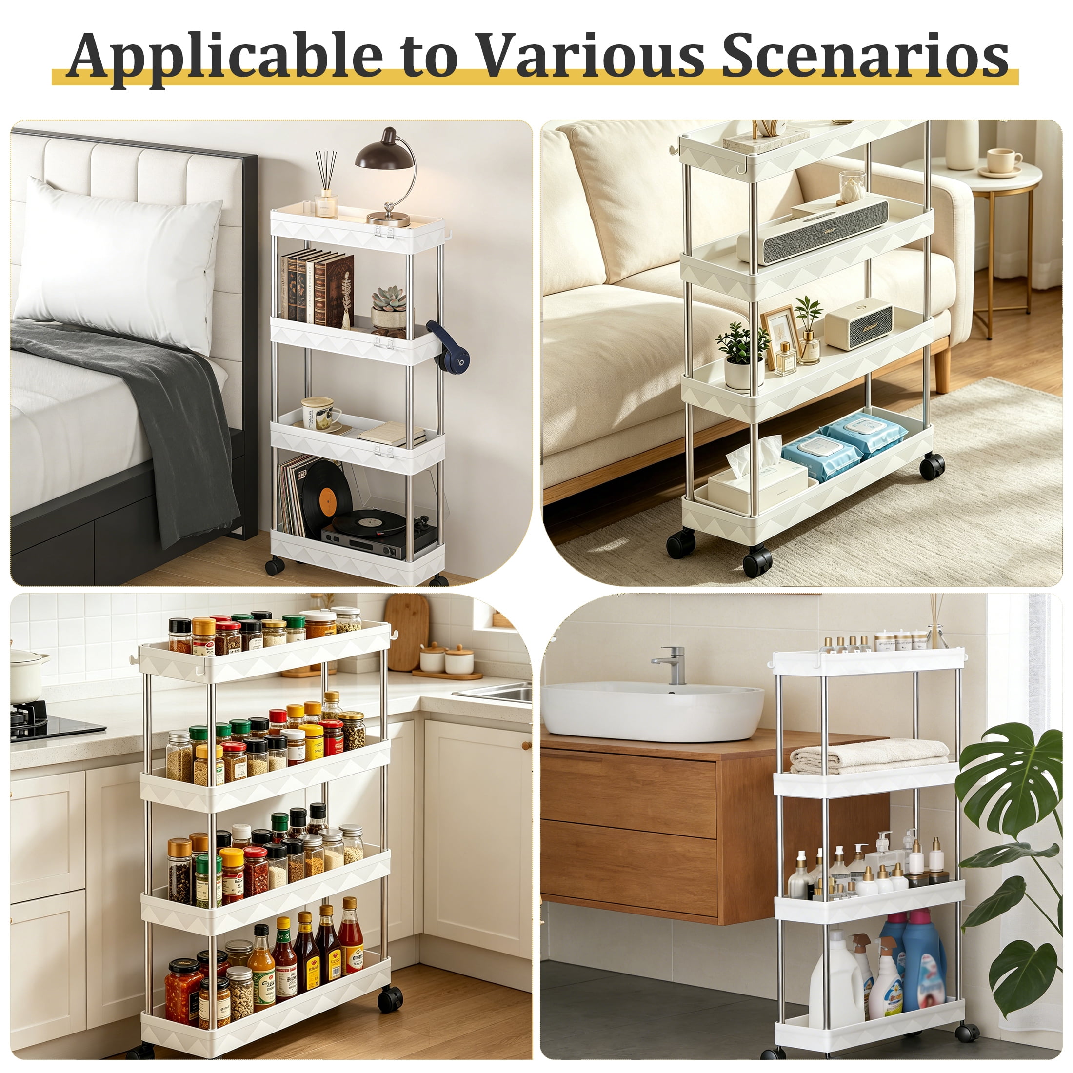 Slim Rolling Storage Cart, 4-Tier Bathroom Laundry Organizer Mobile Cart, Portable Slim Storage Cart with Lockable Wheels, Mobile Utility Cart for Kitchen, Bathroom, Laundry Room, White