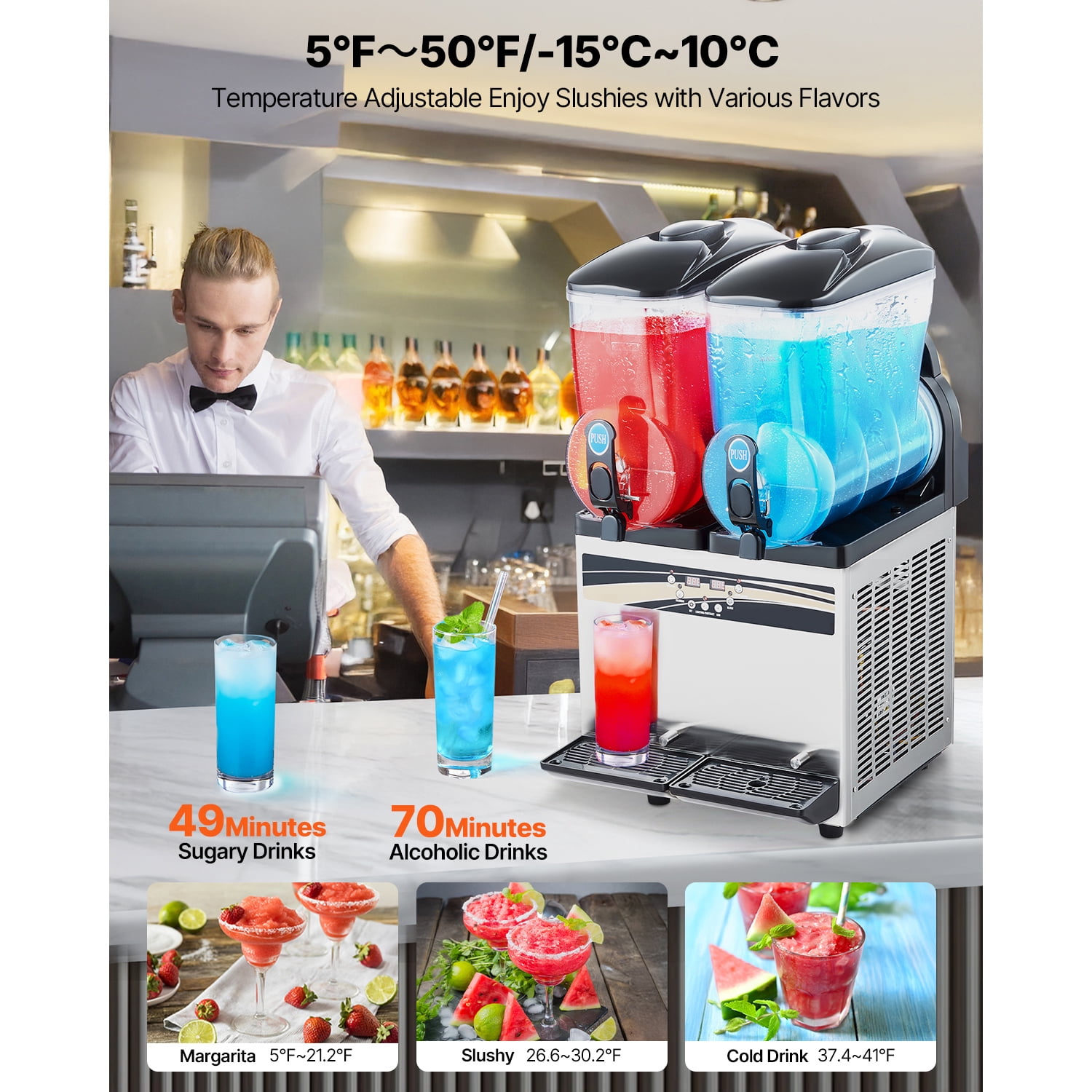 KFFKFF Commercial Frozen Drink Machine, 15Lx2 Dual Tank Slush Maker, Stainless Steel Smoothie and Margarita Machine for Parties, Restaurants, Cafes, and Bars