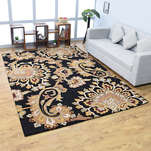 Rugsotic Carpets Hand Tufted Wool Eco-Friendly 3'x5' Area Rugs Rectangle Black Floral Modern High Pile Thick Handmade Anti Skid Indoor Rug for Living Room, Bedroom K00151