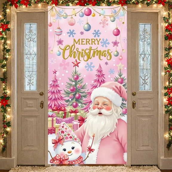 Pink Christmas Decoration Snowman Christmas Door Cover X-mas Front Door Banner Decorations for Indoor Outdoor Holiday Party Supplies Banner