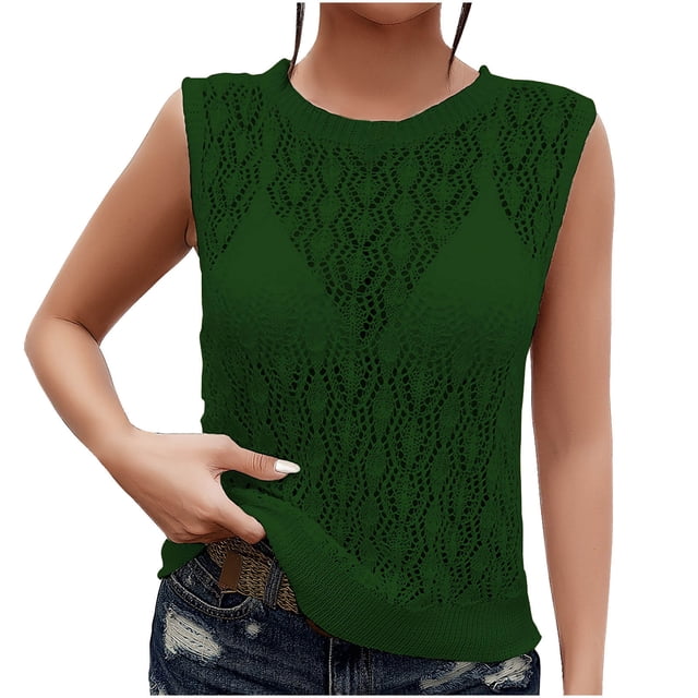 Knitted Tank Top for Women, Sleeveless Crew Neck Solid Color Lightweight Polyester Casual Blouse for Spring Summer