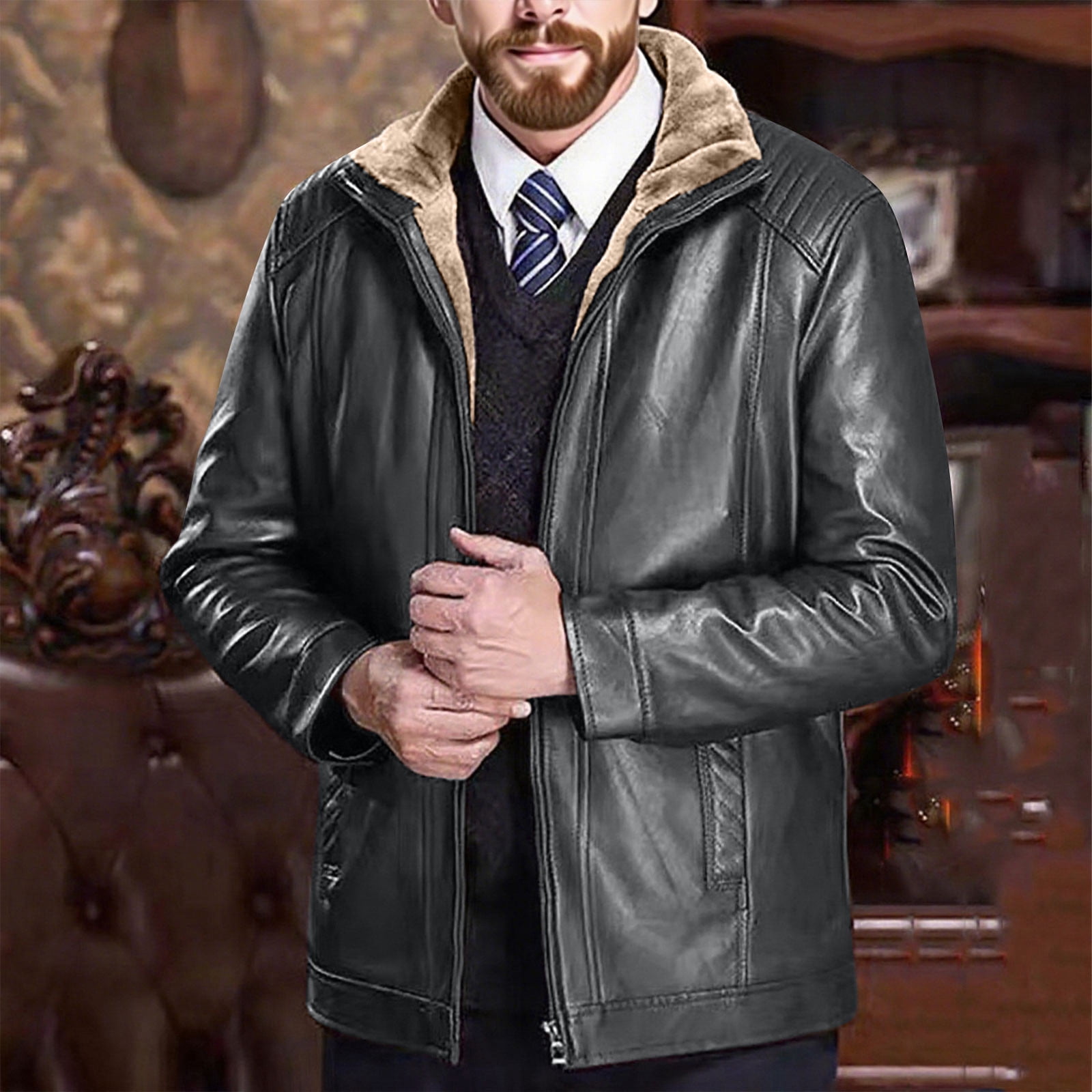 LWITHSZG Faux Leather Jacket Men Motorcycle Trendy Winter Coats Long Sleeve Going Out Tops Thickened Warm Fleece Lined Casual Outerwear with Pockets