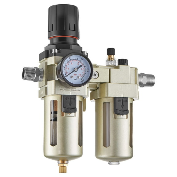 VEVOR Air Compressor Filter Regulator Lubricator, 1/2" NPT Air Compressor Water Separator, Semi-Auto Drain Air-Drying System with 5μm Brass Filter Element, 145PSI Max Working Pressure, Poly Bowl