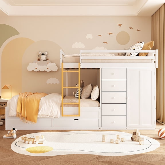 Kdymod Full Size Bunk Bed with Ladder and Guardrail,Wood Full over Full Bunk Bed with 2 Large Drawers & 5 Small Drawers,Modern Bunk Bed Full Size Bed Frame with Small Wardrobe for Teens Bedroom,White