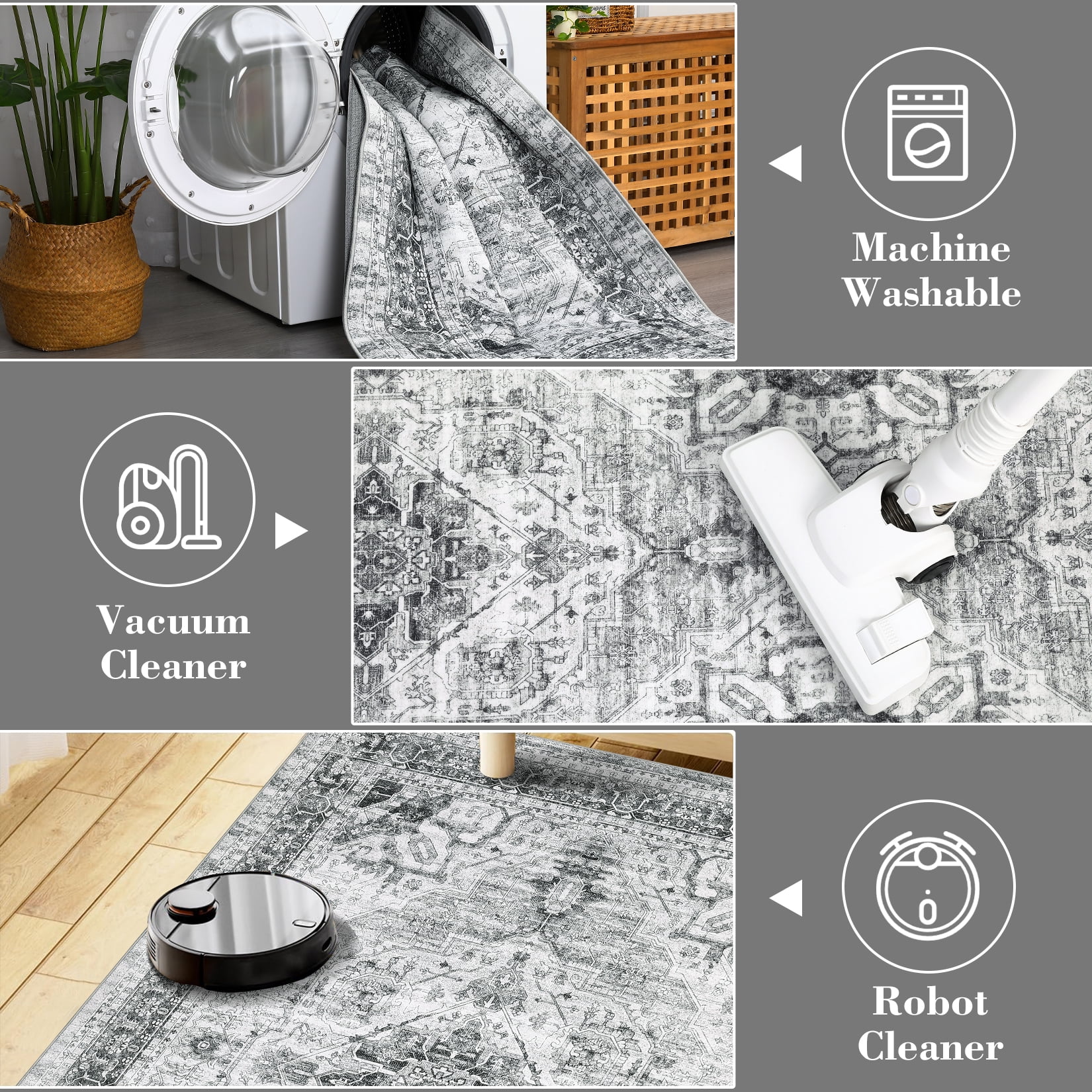 FairOnly 8'x10' Grey Area Rugs for Living Room Vintage Boho Machine Washable Rugs Low Pile Soft Rugs for Bedroom Indoor Floor Carpet