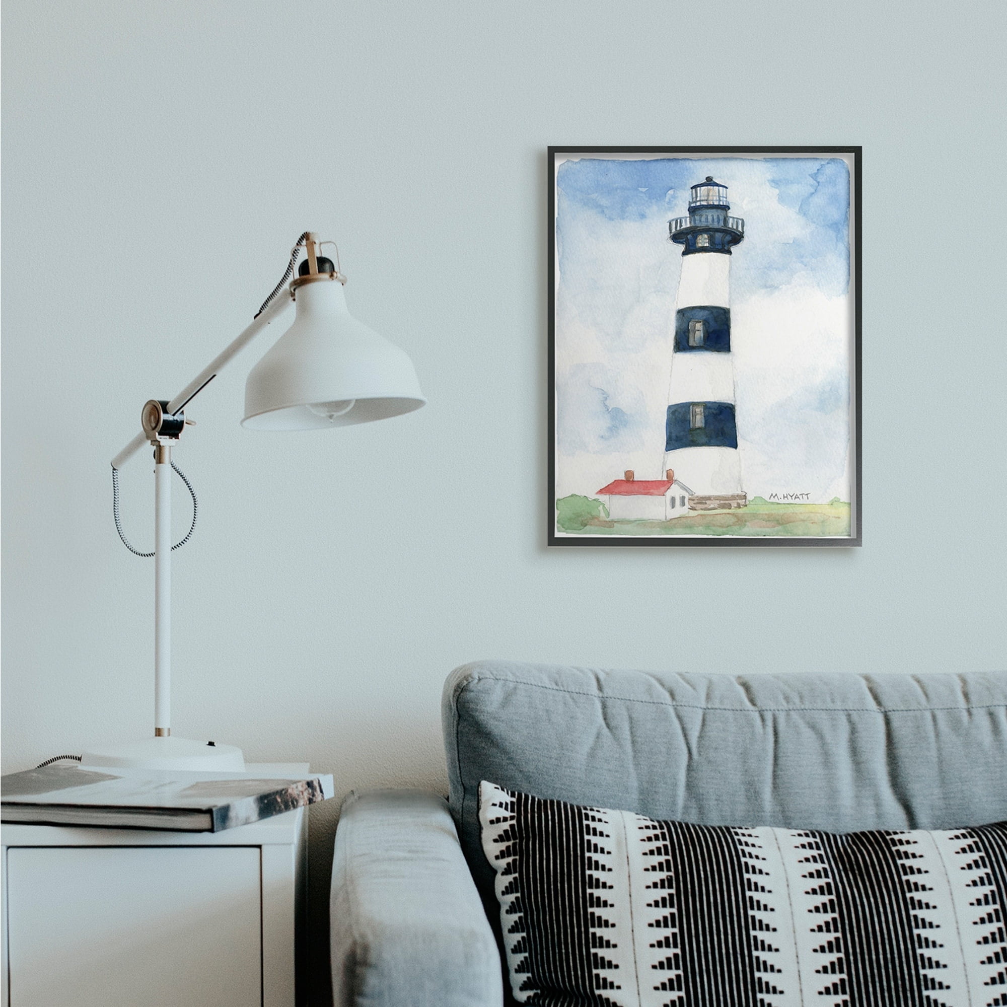 Stupell Industries Black Striped Lighthouse with Quaint Cabin Grey Framed, 11 x 14, Design by Melissa Hyatt LLC