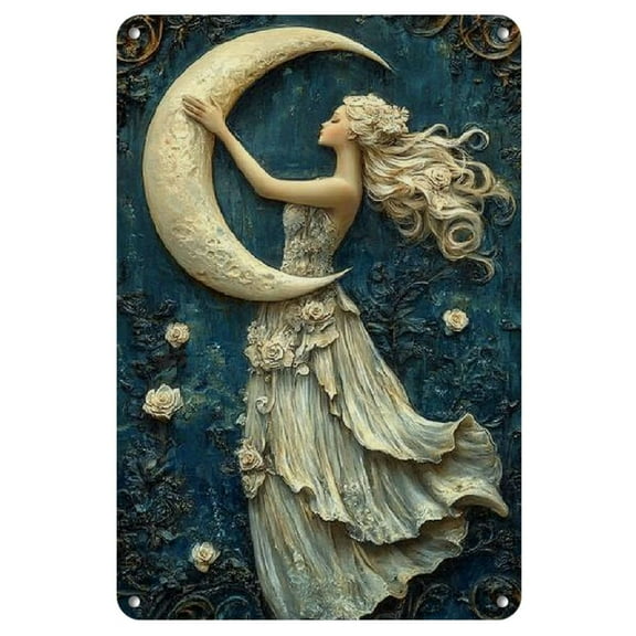 1pc Elegant Moon Goddess 2D Metal Wall Art, Vintage Iron Sign with Floral Motifs - Ideal for Home, Kitchen, Garden, Bedroom, Bar Decor - Easy to Hang, No Power Required, 8x12 Inches, Moon Decor