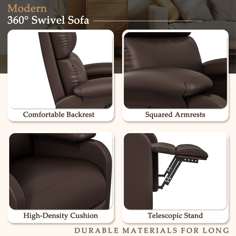 Homall 360° Massage Swivel Rocker Recliner Small Rocking PU Leather Chairs with Side Pockets for Small Spaces,Brown