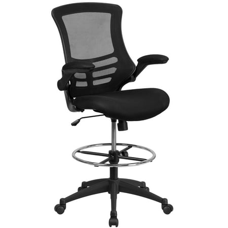 UPC: 0889142086529 | Flash Furniture Kelista Mid-Back Black Mesh Ergonomic Drafting Chair with Adjustable Foot Ring and Flip-Up Arms