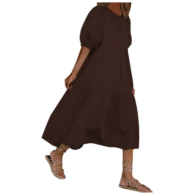 Robes Noires pour Femmes Mode Femmes Ample Couleur Unie Col Rond Manches Bouffantes Robe Décontractée Manches Courtes