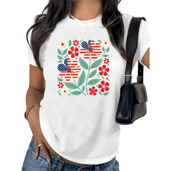 UNISHE Women's Patriotic Floral Graphic Short Sleeve T-Shirt American Flag Print Casual Crewneck