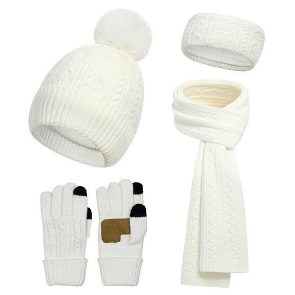 SYMOID Womens Winter White Wool Accessory Set - One Size Cable Knit Pom Pom Beanie Scarf Gloves Headband, Fleece Lined & Touchscreen Compatible Gloves,Size Free Size