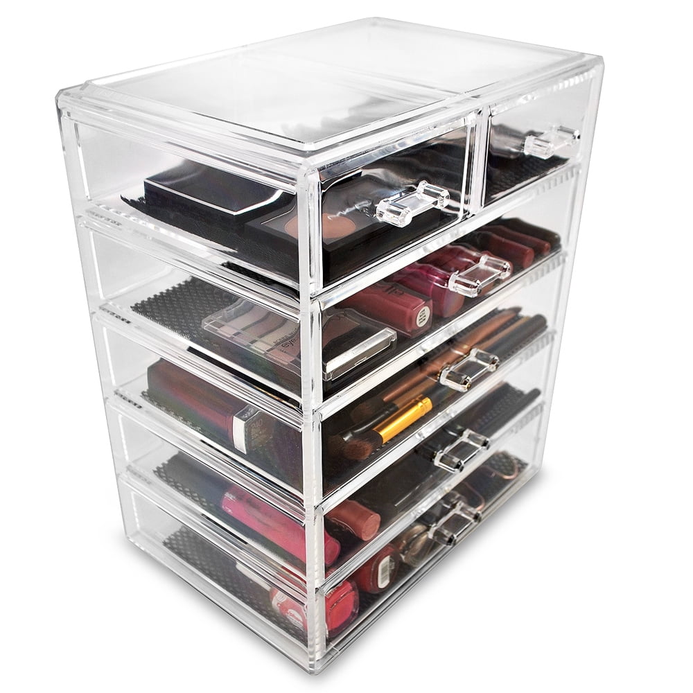 Acrylic Cosmetics Makeup and Jewelry Storage Case Display, 4 Large and 2 Small Drawers