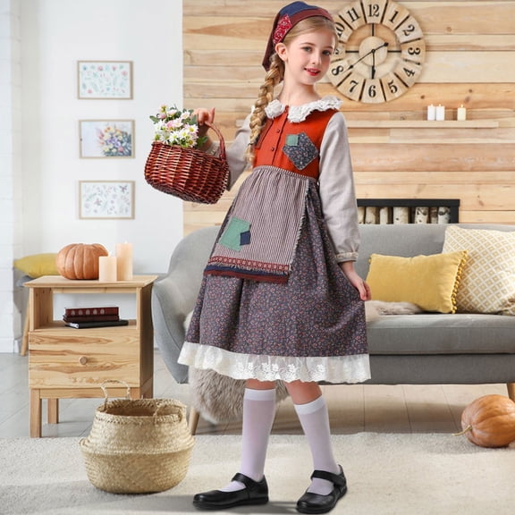 EnJoCho Halloween Prairie Dress for Girls Retro 𝖬edieval Dress Set with Headscarf Apron 𝖥loral Ruffle Par𝗍y Dress Countryside Style Performance Outfit