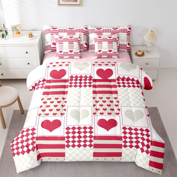 Castle Fairy Teens Adults Love Heart Print Twin Bedding Sets 7-Piece,Geometric Plaid Stripes Bedding Comforter Set Microfiber,Happy Valentine's Day Breathable Sheet Sets,Luxury Bedroom Decor
