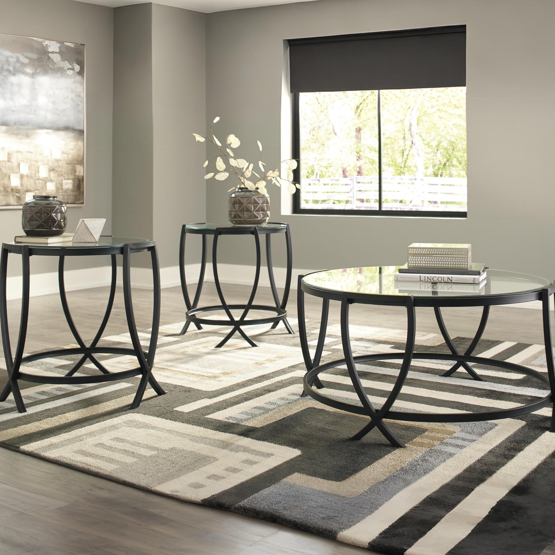 Signature Design by Ashley Tarrin 3-Piece Occasional Table Set, Black, Modern Coffee Table and 2 End Tables with Glass Tops