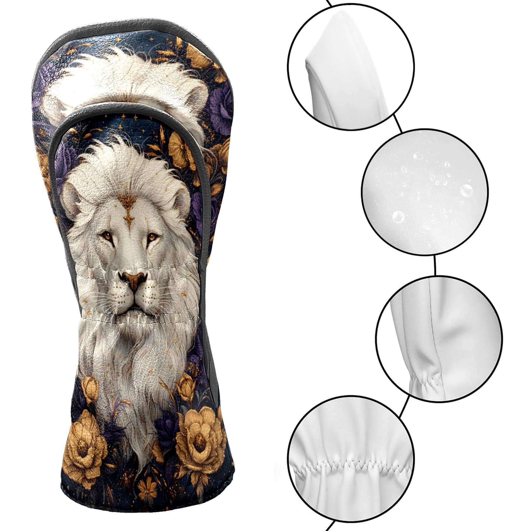 Golf Club Covers PU Leather Waterproof Head Covers for Fairway Woods Hybrids Embroidered White Lion Unisex Fits Most Brands