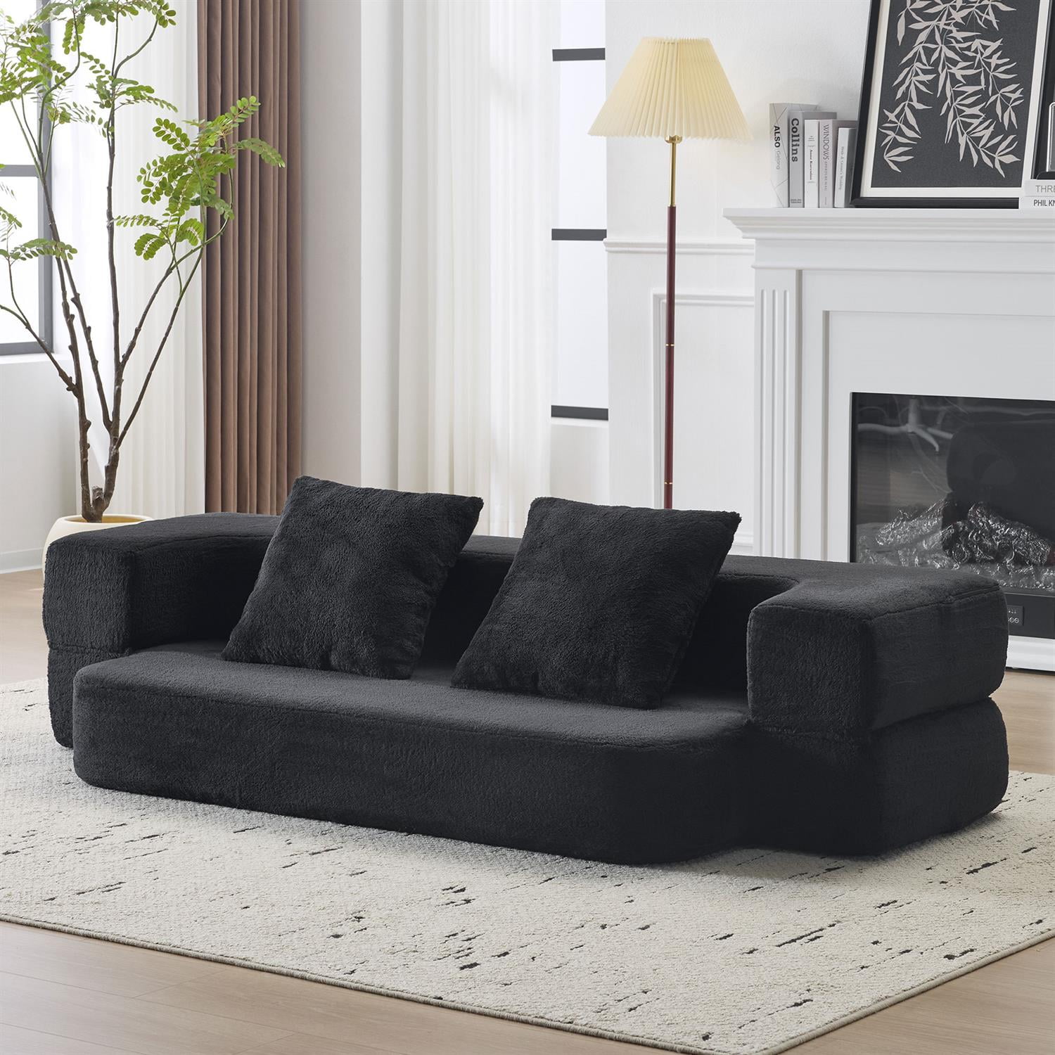 Demi Bonn Versatile 3-in-1 Sectional Sofa with Ottomans, Cozy Foam Fold-Out Bed, Space-Saving Chenille Lounger for Small Apartments & Home Offices, Black