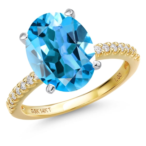 Gem Stone King 14K Two Tone Gold Swiss Blue Topaz and Lab Grown Diamond Engagement Ring for Women | 6.46 Cttw | Oval 12X10MM | Gemstone November Birthstone | Size 8