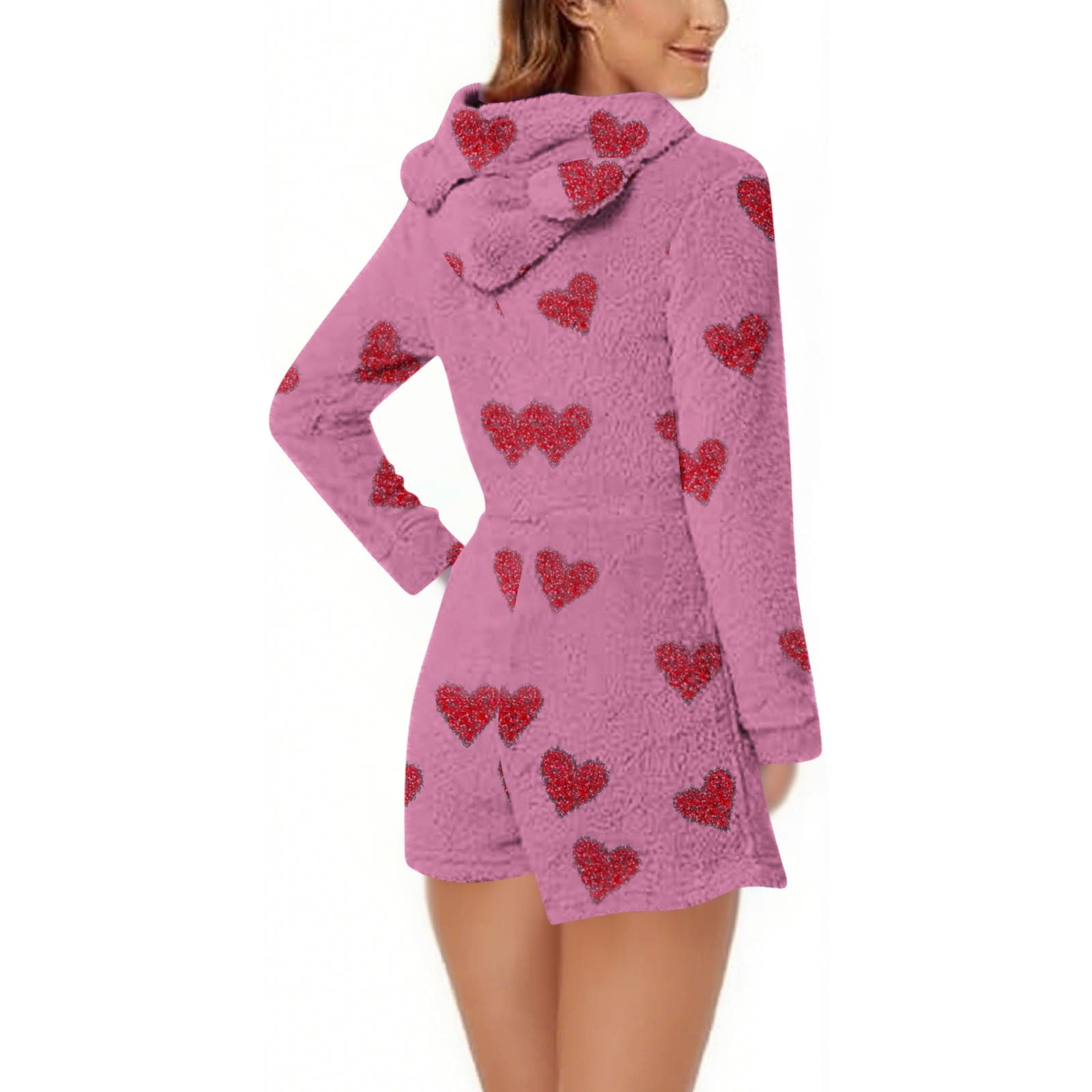 Aobny Cute Christmas Pajamas Women Fleece Valentine's Outfits Pink Onesies Long Sleeve Christmas Outfits for Women,L