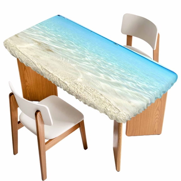 Beach Ocean Table Cloths for 5 Foot Rectangle Tables, Blue Sky Sea Waves Nature Landscape Patio Waterproof Elastic Fitted Tablecloths, Washable Rectangular Table Cover for Camping