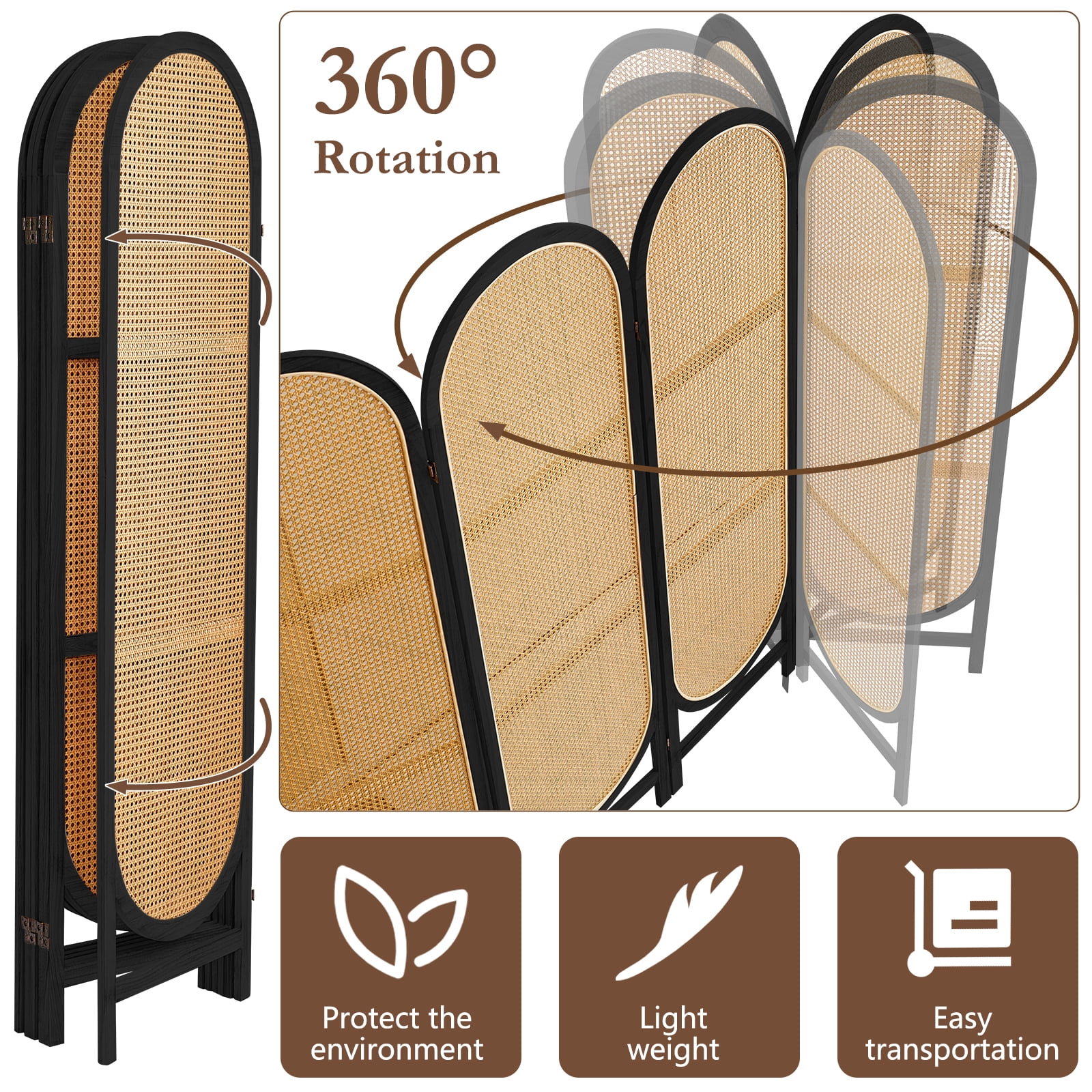 ALeesing 6 Panels Wood Rattan Room Divider, Folding Privacy Screens, No Installation, Light Brown