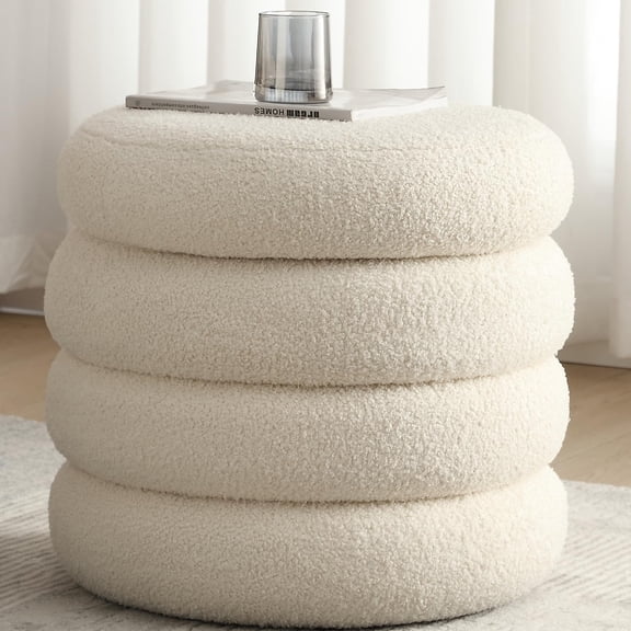 White Tiered Round Pouf Ottoman With Removable Lid Small Storage Stool Set Of 4