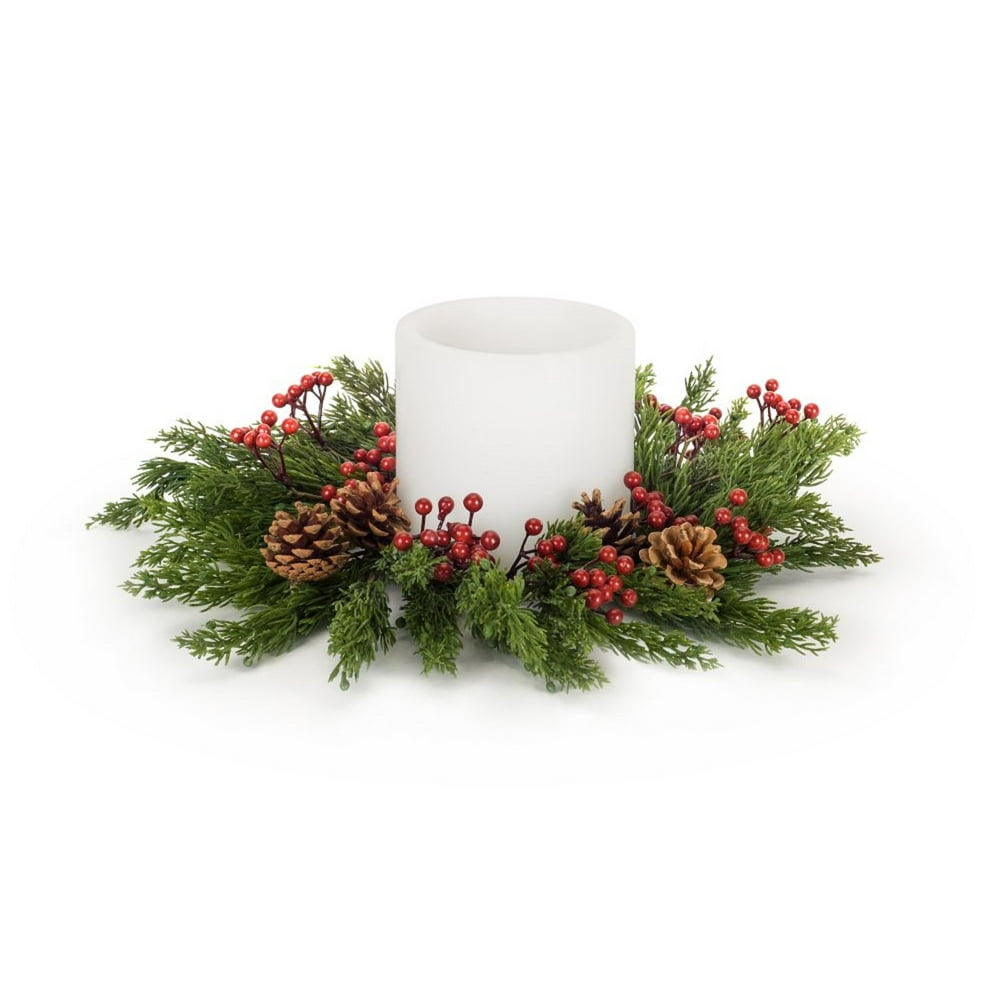 Set of 4 Green Pine Berry Artificial Christmas Wreath Candle Ring 16.5