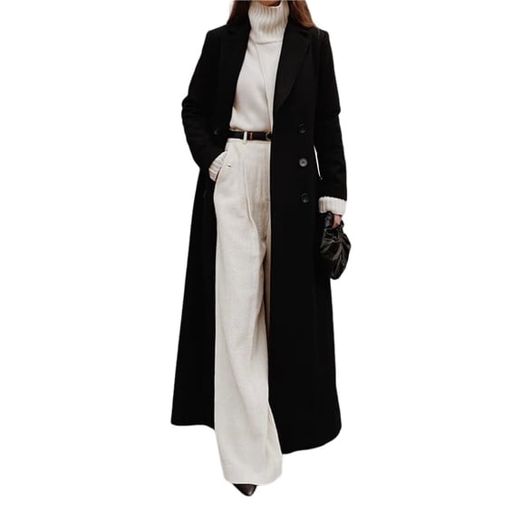 Women's Casual Solid Color V-Neck Long-Sleeve Windbreaker Warm Woolen Coat Black L