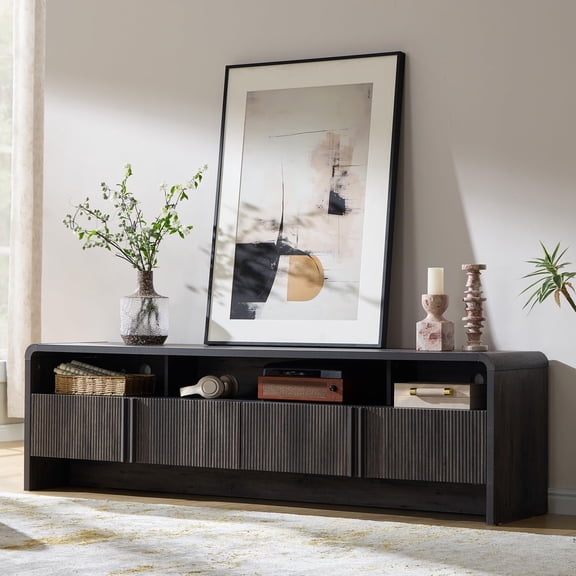 VanAcc 70" Modern TV Stand for TVs Up to 80", Wood TV Console with Curved Profile Design & 2 Storage Cabinets, for Living Room, Black