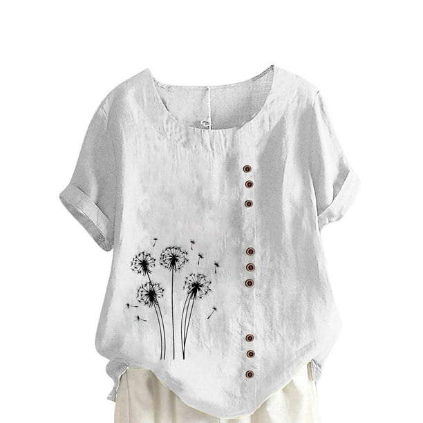 Vestidos Casuales Para Mujer, Blusas De Mujer De Moda Blusa informal de lino con cuello redondo, manga corta y botones para mujer