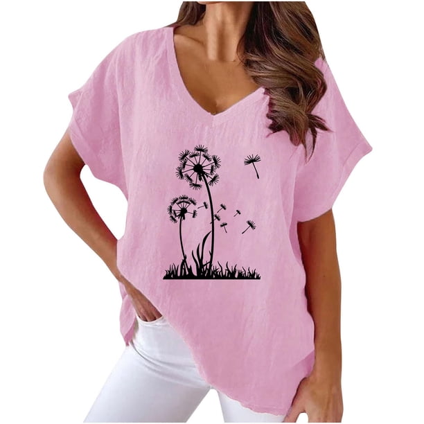 Camiseta de Manga Corta con Cuello en V con Impresión de Girasol, Algodón Casual Y Top de Cáñamo