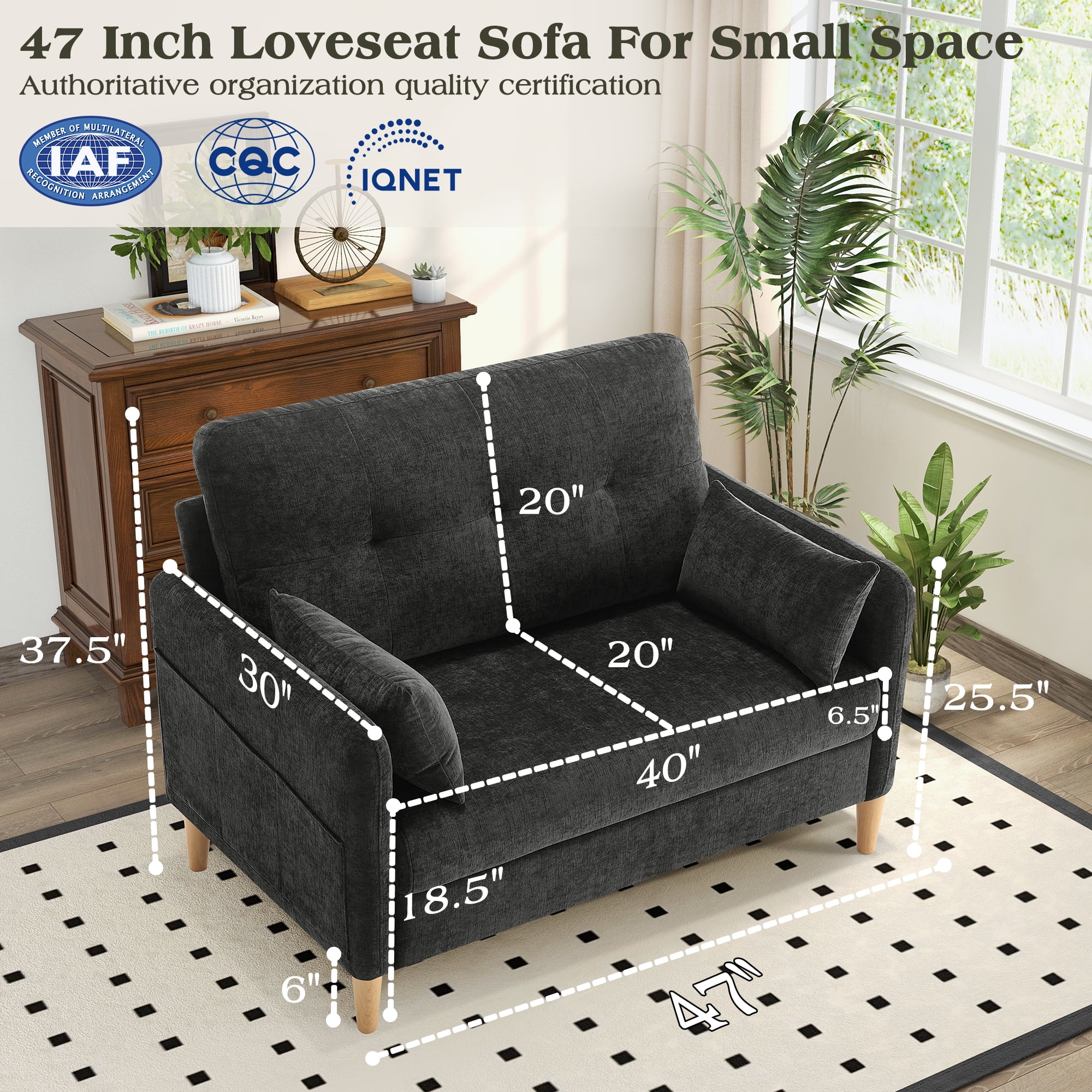 BedLuxury 47'' Wide LoveSeat, 2-seat Chenille sofa with 2 Pillows for Living Room and Small Spaces, Dark Grey