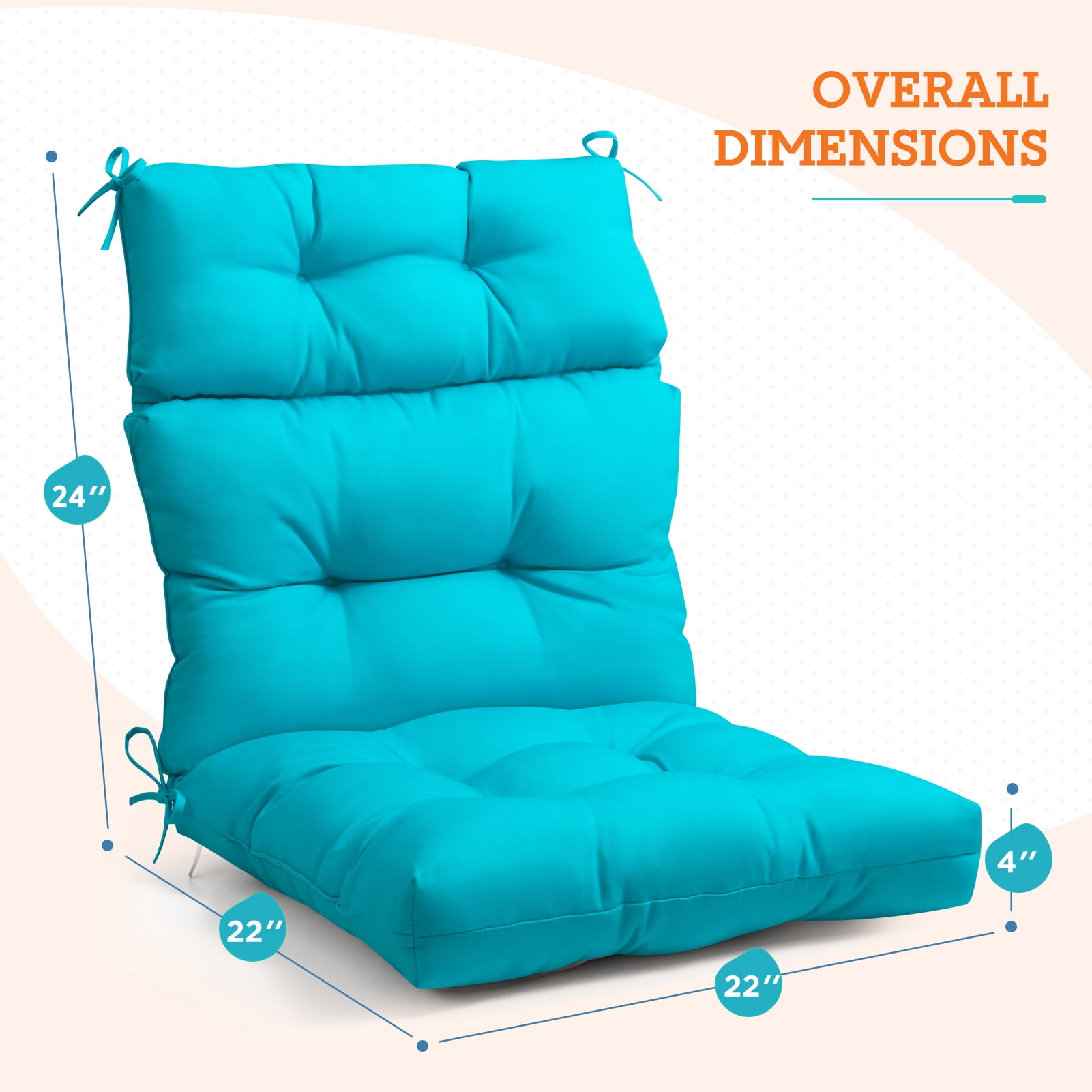 EAGLE PEAK Tufted Outdoor/Indoor High Back Patio Chair Cushion, Set of 2, 46'' x 22'', Blue