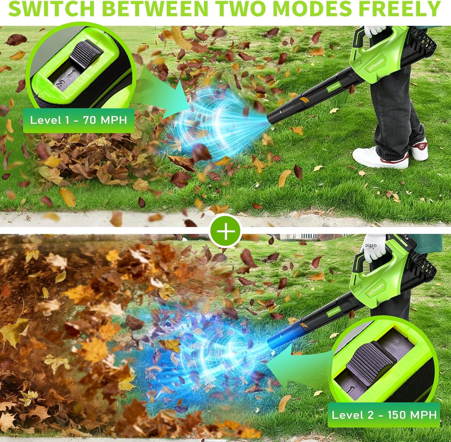 2026 Upgrade Leaf Blower, Leaf Blower Cordless with 2 * 2.6AH Batteries and Fast Charger, 450CFM &150MPH and 2 Speed Mode, Lightweight Electric Leaf Blowers for Lawn, Yard, Leaves, Dust Car (Green)