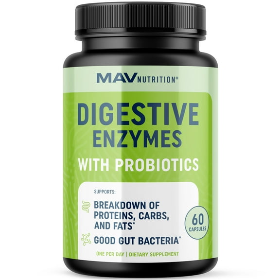 MAV Nutrition Digestive Enzymes with Probiotics | 400mg Multi-Enzyme Complex | 60 Vegetarian Capsules