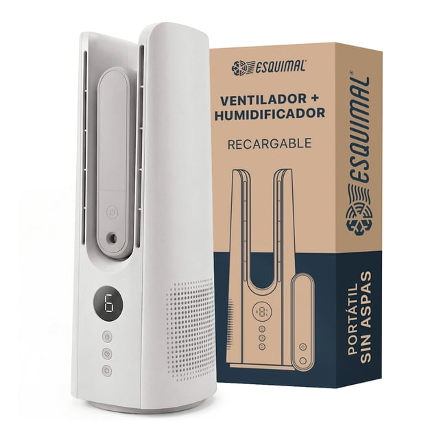 Ventilador Humidificador de Aire 2 en 1 Esquimal, Recargable, 9 Velocidades, pantalla LED (Gris Niebla)