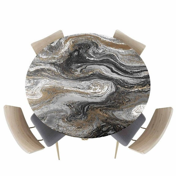 Abstract Brown Gray Marble Fitted Round Tablecloths Elastic Edged Table Covers 36"-44",Modern Watercolor Liquid Waterproof Dining Room Table Cloth for Kitchen Holiday Party Tables Decor