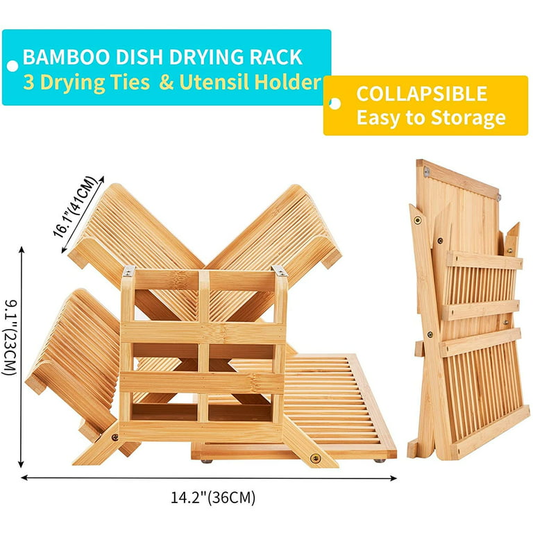 DISH DRYING RACK Collapsible Bamboo Drainer with Utensil Holder 3