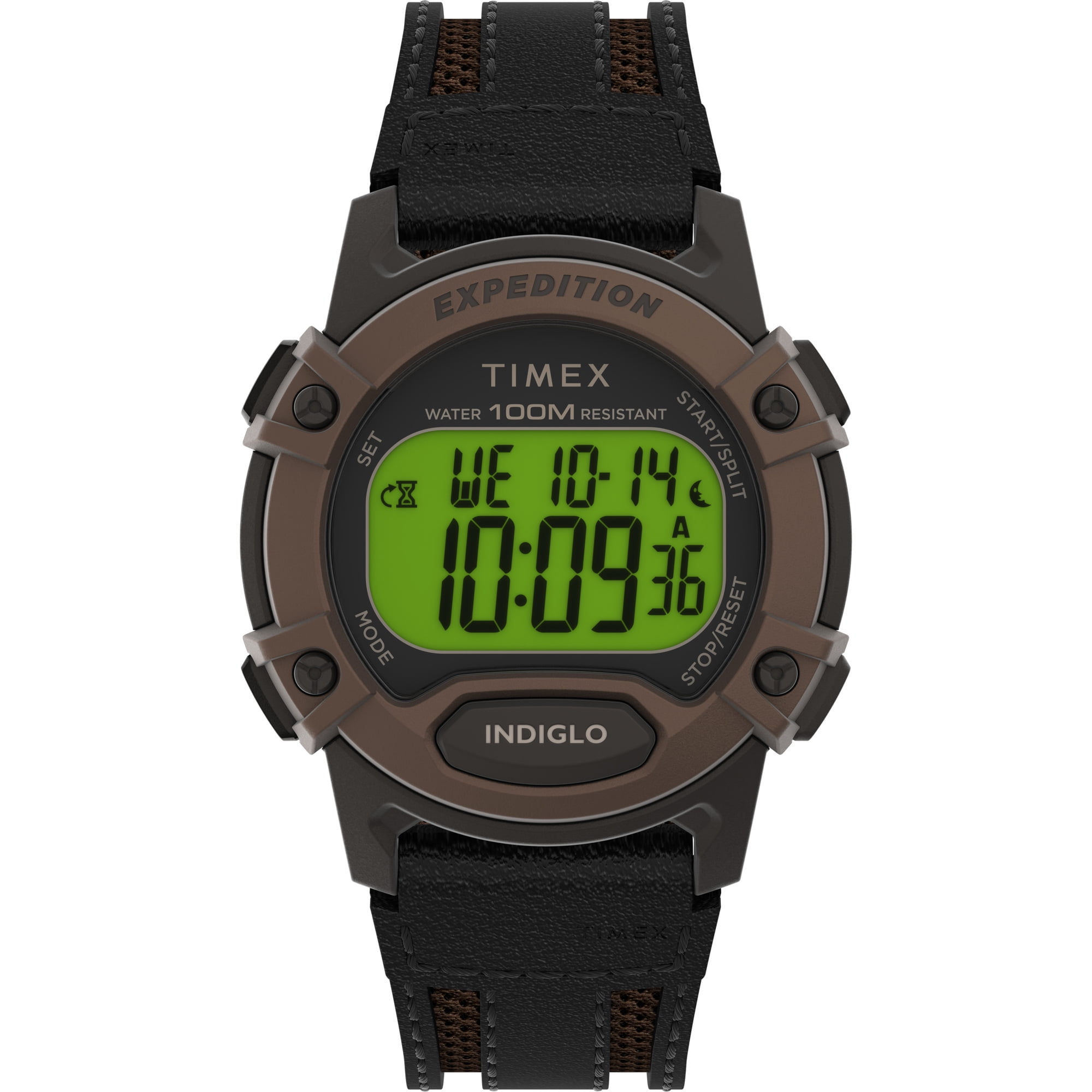 Timex Men's Expedition Digital CAT5 41mm Watch – Brown Case Brown Top Ring  with Black Leather & Brown Fabric Strap 