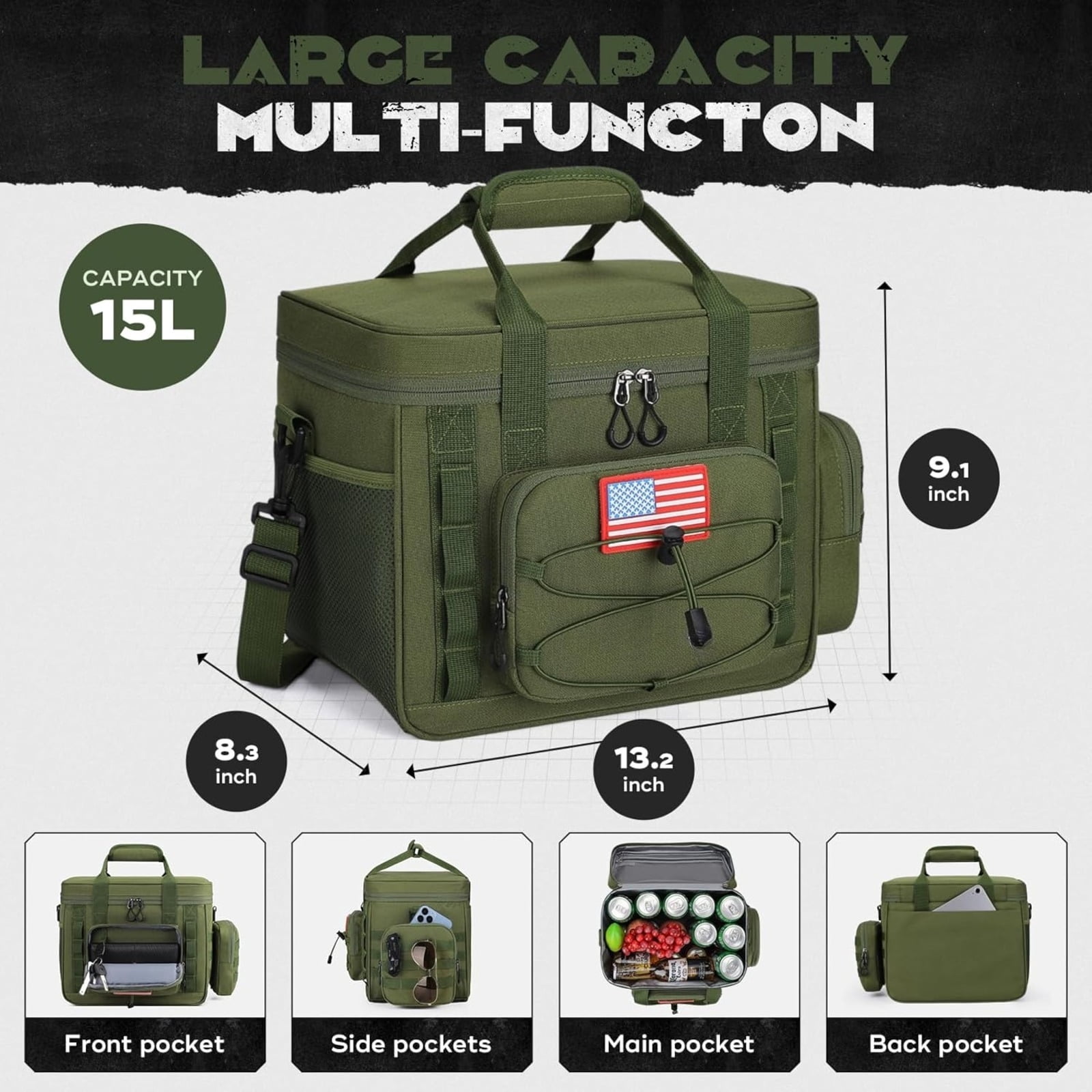 Tactical Lunch Box for Men with 5 Slim Ice Packs, 15L Insulated Cooler Bag with MOLLE Pouch