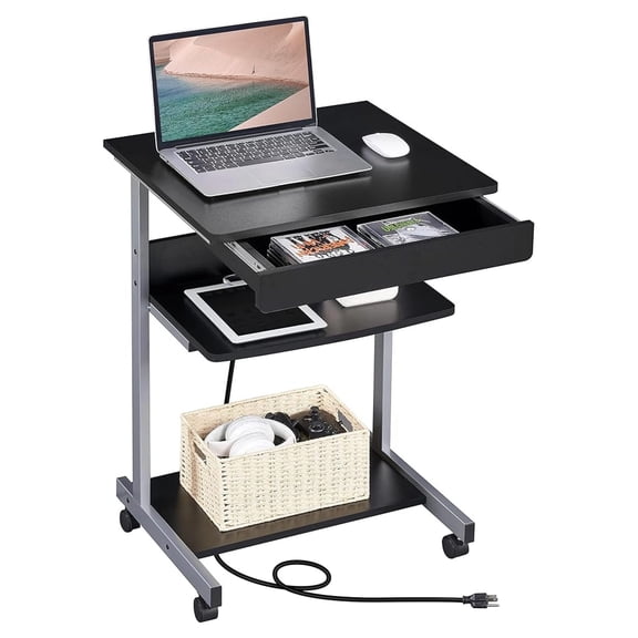 Mobile Laptop Desk Compact Computer Table on Wheels with Power Outlet and USB Ports, Home Office Writing Desk with Charging Station and Printer Shelf Small Desk 22in for Space Saving, Black