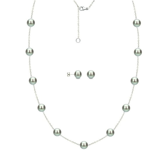 ADDURN 8mm x 9mm Grey Cultured Freshwater Pearl Sterling Silver Station Necklace and Matching Earring Set, 18" with 2" Extender