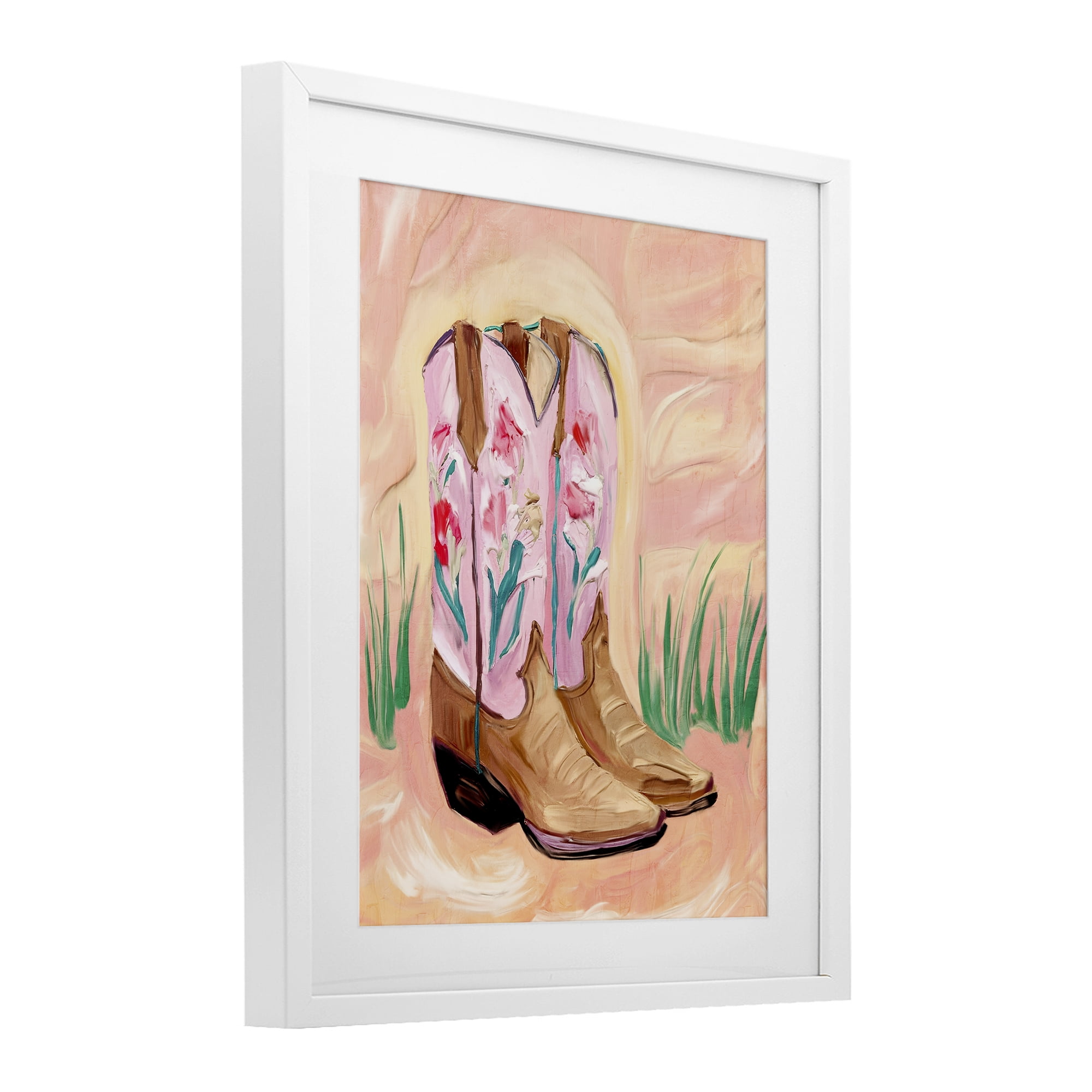 Floral Pinks Boots White Framed Print Under Glass, design by Kim Allen