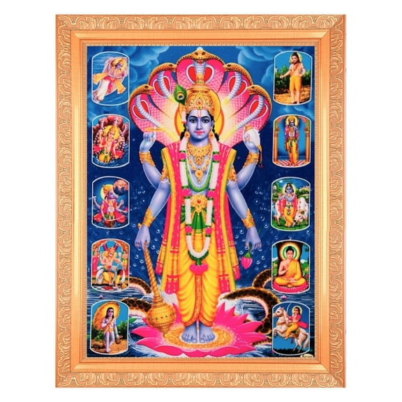 Bm Traders Vishnu Bhagwan 10 Avtar Beautiful Print Photo In ArtWork Golden Frame (11 x 14 Inch)OR(27.94 X 35.56 Cm) Religious Gifting