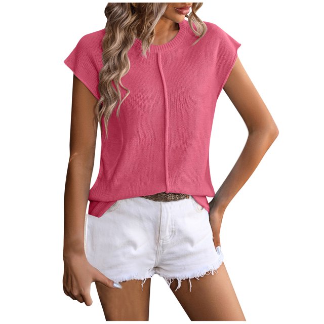 Timegard Hauts à Manches Courtes pour Femmes Col Rond Sans Manches Ample Pull Décontracté Blouse Tricotée