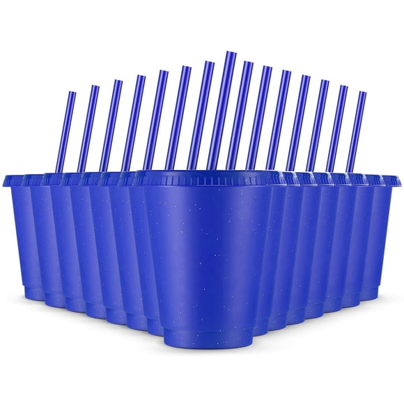 Vasos reutilizables Rtteri de 16 onzas con pajitas y tapas, juego de 15 unidades, color azul marino