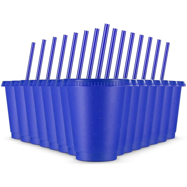 Vasos reutilizables Rtteri de 16 onzas con pajitas y tapas, juego de 15 unidades, color azul marino